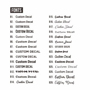 May include: A list of 28 different font styles for custom decals, labeled B1 through B28. Each font style is shown with the text "Custom Decal".
