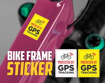 May include: Yellow and white bike frame stickers with the text "Protected by GPS Tracking" and a bicycle icon with a GPS signal. The stickers are on a pink bike frame.