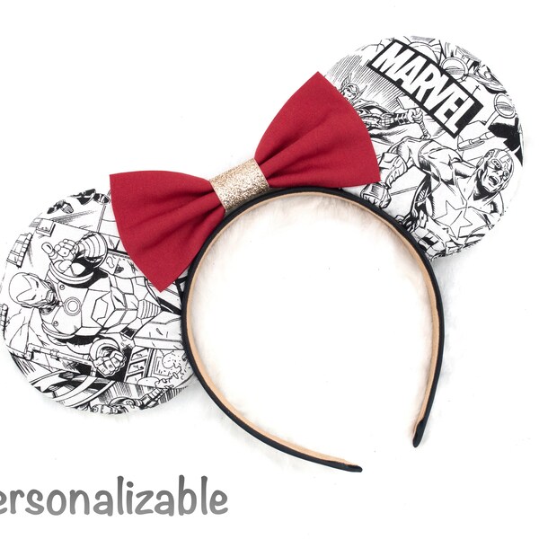 Marvel Avengers, Iron Man, Hulk, Falcon, Captain America, Thor, Black Widow, B&W Comic Style | Disney Inspired Ears, Matching Face Mask