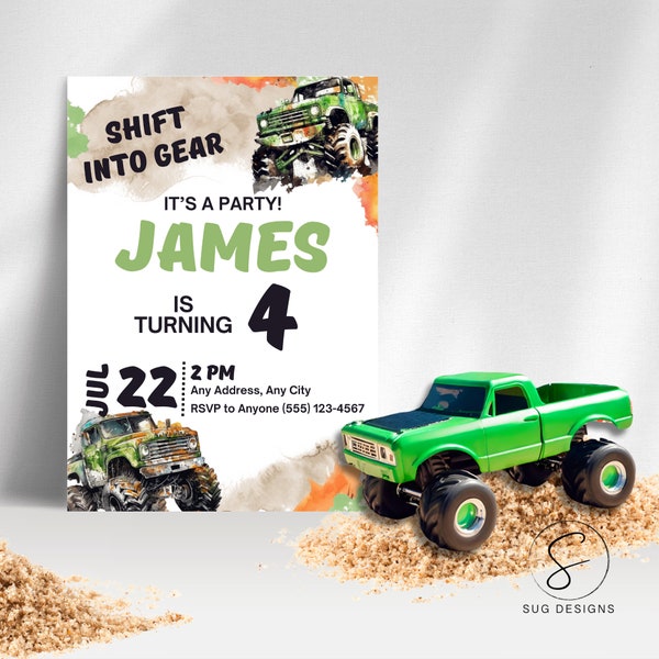 Green Monster Truck Birthday Invitation | Boys Party Invite Customizable Template | 4th Birthday Party | Instant Download Printable