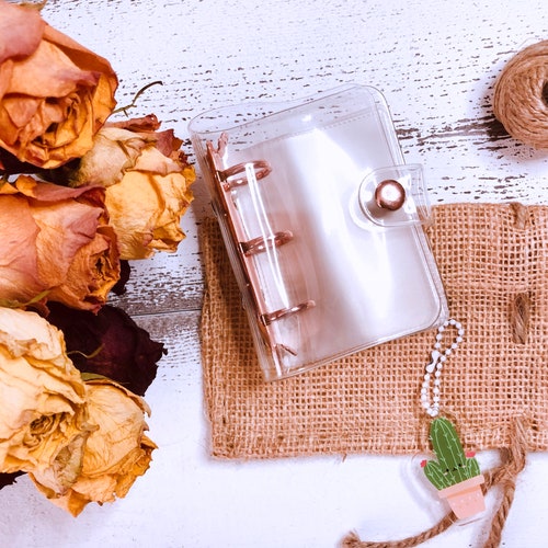 Mini 3 Ring Binder Set, Binder and Charm, Kawaii Cactus Charm, Rose Gold Binder, Clear Insert Binder, Mini Binder, Mini Album, Mystery Box