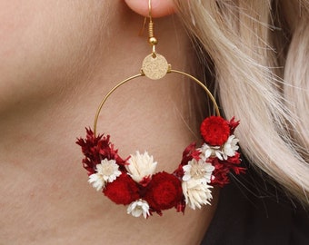 Boucles d'oreilles Gaëlle rouge et blanche en fleurs stabilisées et séchées mariage champêtre