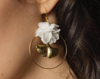 Boucles d'oreilles Ginkgo en fleurs d'hortensia stabilisées blanches