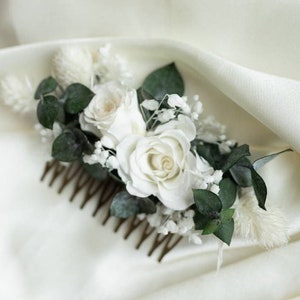 Classic comb Elora wedding hair boho flowers white and green