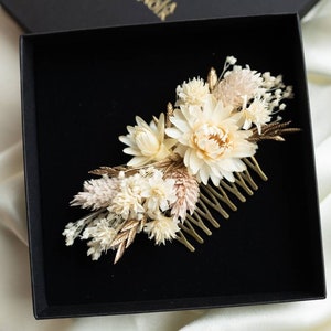 Peigne classique Rosalina pour cheveux mariée en fleurs sechées crème et or
