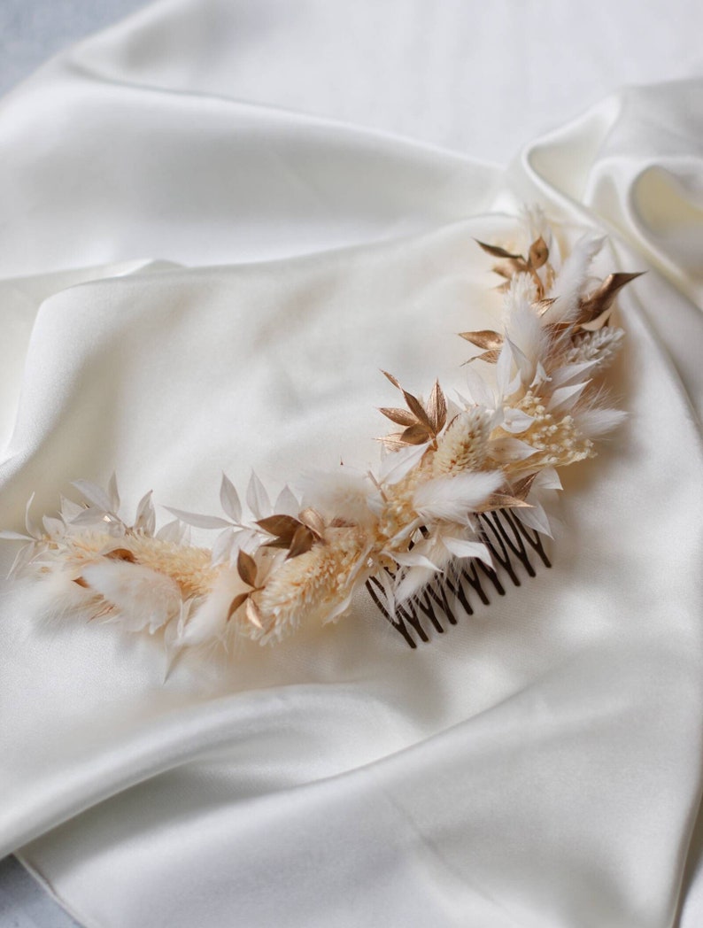 Peigne demi-couronne Athéna coiffure de mariée bohème blanc et or image 1