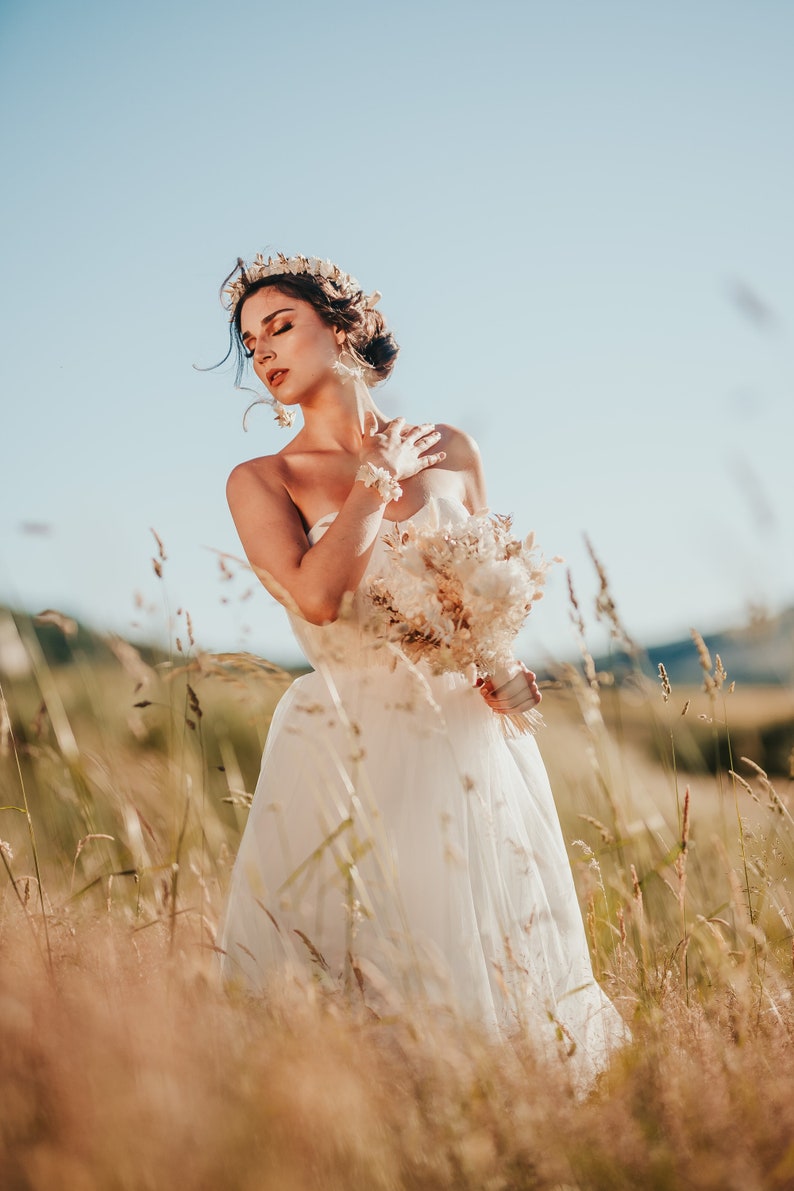 White and golden Athena earrings in natural stabilized and dried flowers wedding jewelry image 8