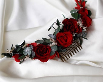 Demis couronne Victoire en fleurs naturelles stabilisée rouge burgundy et eucalyptus pour mariage bohème