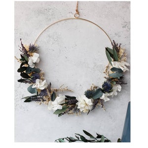 Minerva wreath in dried and stabilized flowers decorative wall wreath lavender thistle olive trees