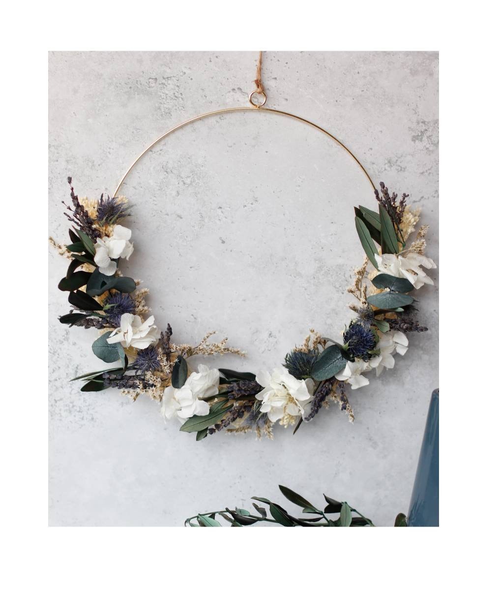 Couronne en Fleurs Séchées et Stabilisées Provençale Couronne Murale Décorative Lavande Chardon Oliv