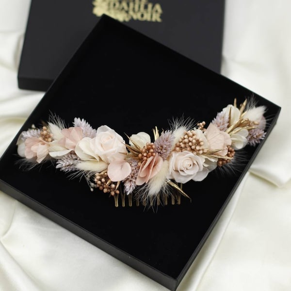 Saanvi powder pink half-crown comb in natural preserved and dried flowers boho bridal hairstyle