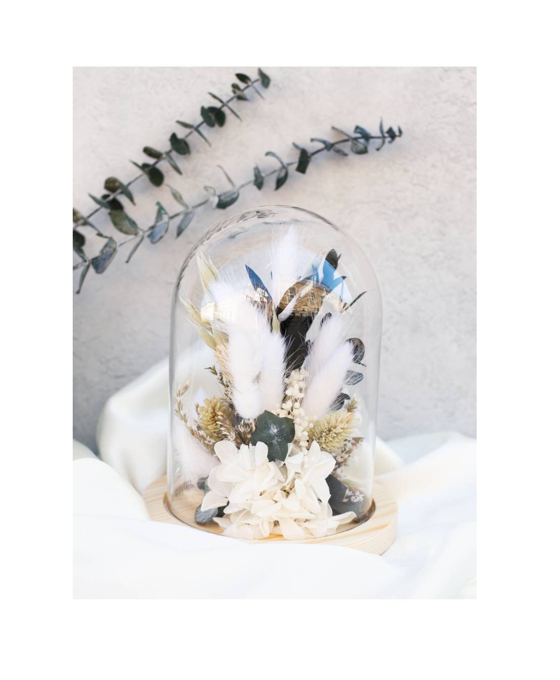 Cloche Fleurs Séchées Blanche et Verte Stabilisées , Décoration Intérieure Tendance Bohème