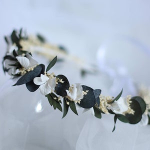 Flavia eucalyptus wreath in preserved natural flowers for bridal hairstyle and boho bridesmaids