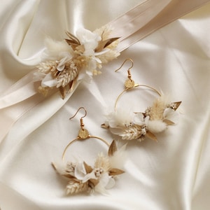 White and golden Athena earrings in natural stabilized and dried flowers wedding jewelry image 3