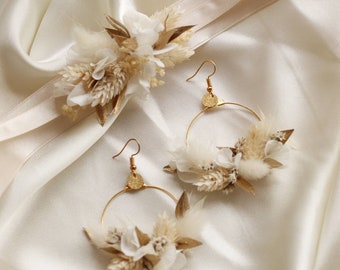 Earrings Athena white and golden in stabilized and dry natural flowers wedding