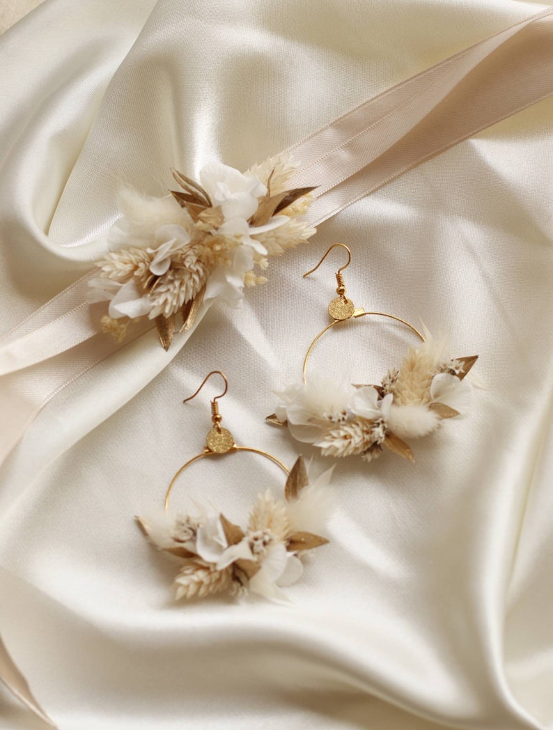 White and golden Athena earrings in natural stabilized and dried flowers wedding jewelry image 3