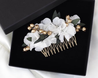 Peigne classique Eloïse hortensia blanc lino gold