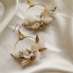 Boucles d'oreilles Athéna blanche et dorée en fleurs naturelle stabilisées et sèchées bijoux mariage image 6