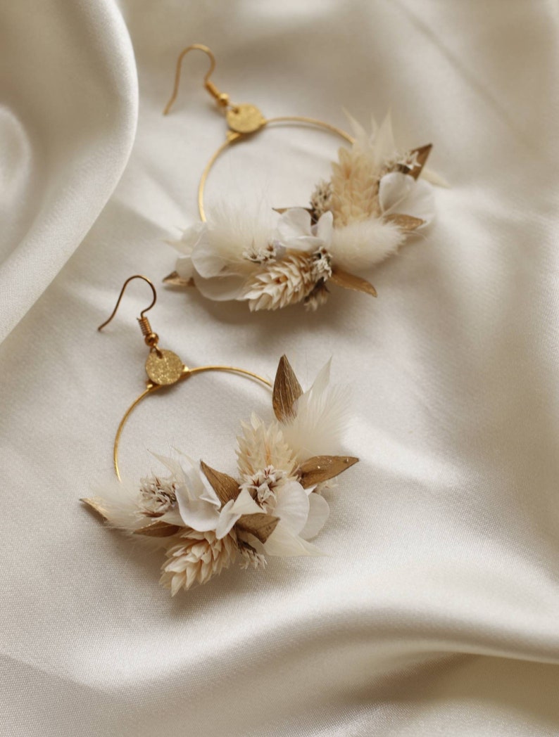 White and golden Athena earrings in natural stabilized and dried flowers wedding jewelry image 6