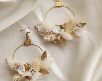 Boucles d'oreilles Athéna blanche et dorée en fleurs naturelle stabilisées et sèchées bijoux mariage