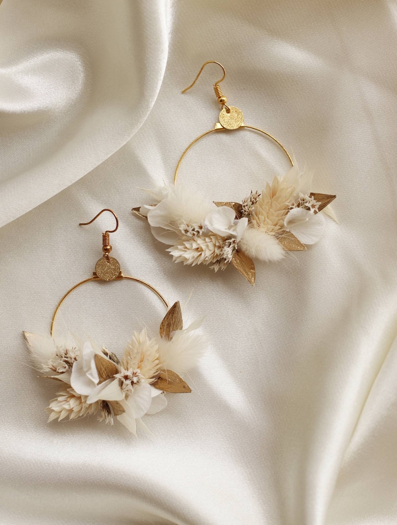 White and golden Athena earrings in natural stabilized and dried flowers wedding jewelry image 1