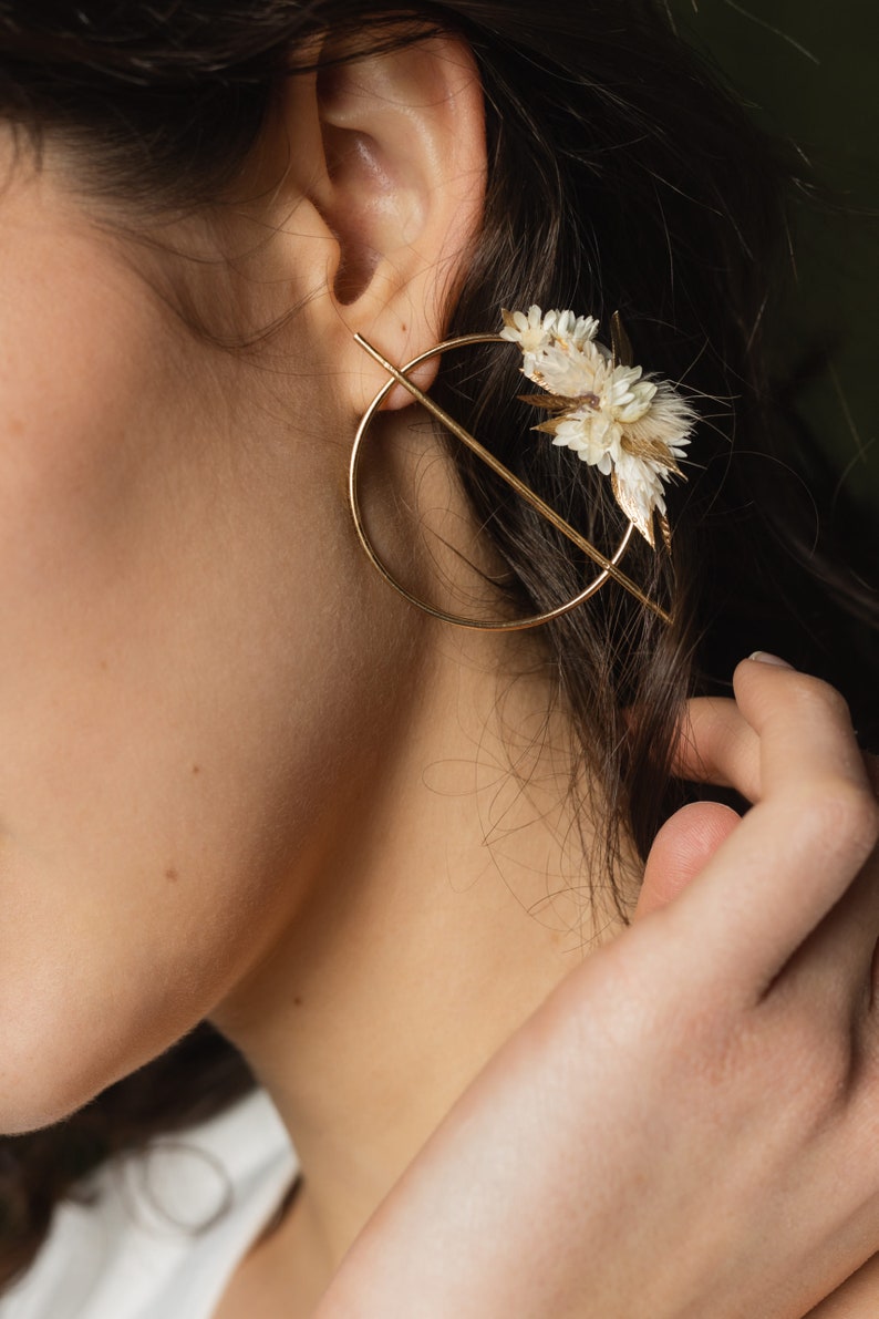 Boucles d'oreilles Athéna mode or et blanc en fleurs sèchées et stabilisées pour mariée image 4