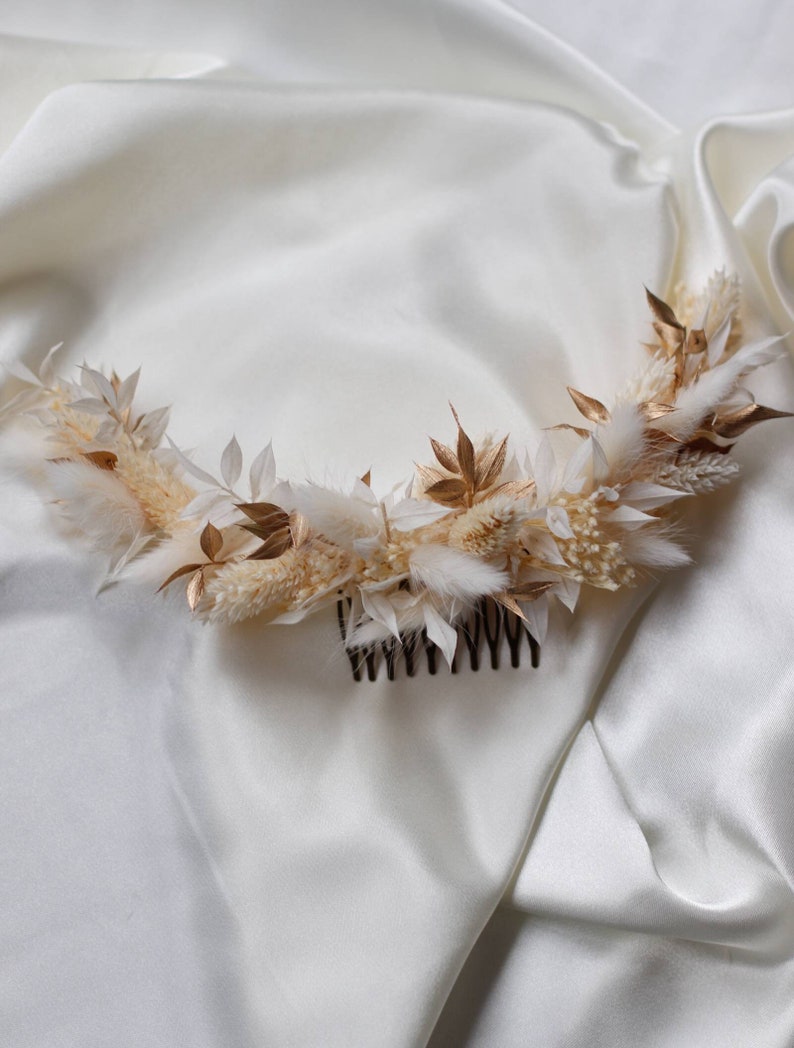 Peigne demi-couronne Athéna coiffure de mariée bohème blanc et or image 4