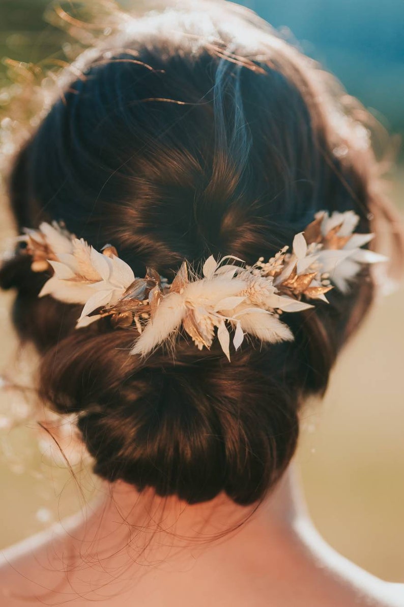 Peigne demi-couronne Athéna coiffure de mariée bohème blanc et or image 6