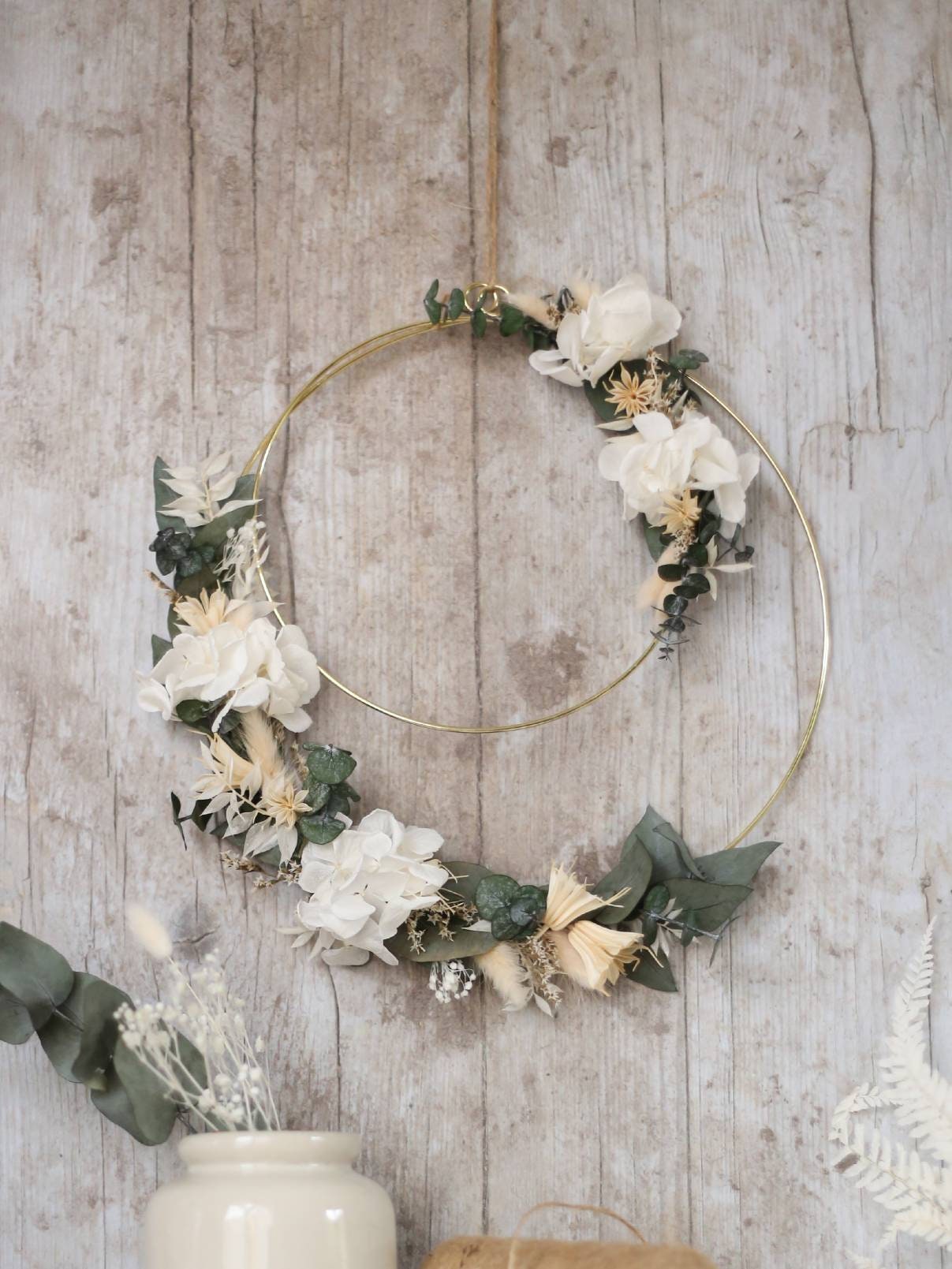 Couronne de Fleurs Séchées et Stabilisées Double Couronne Murale Décorative Tendance