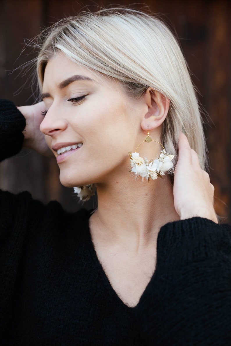 White and golden Athena earrings in natural stabilized and dried flowers wedding jewelry image 5