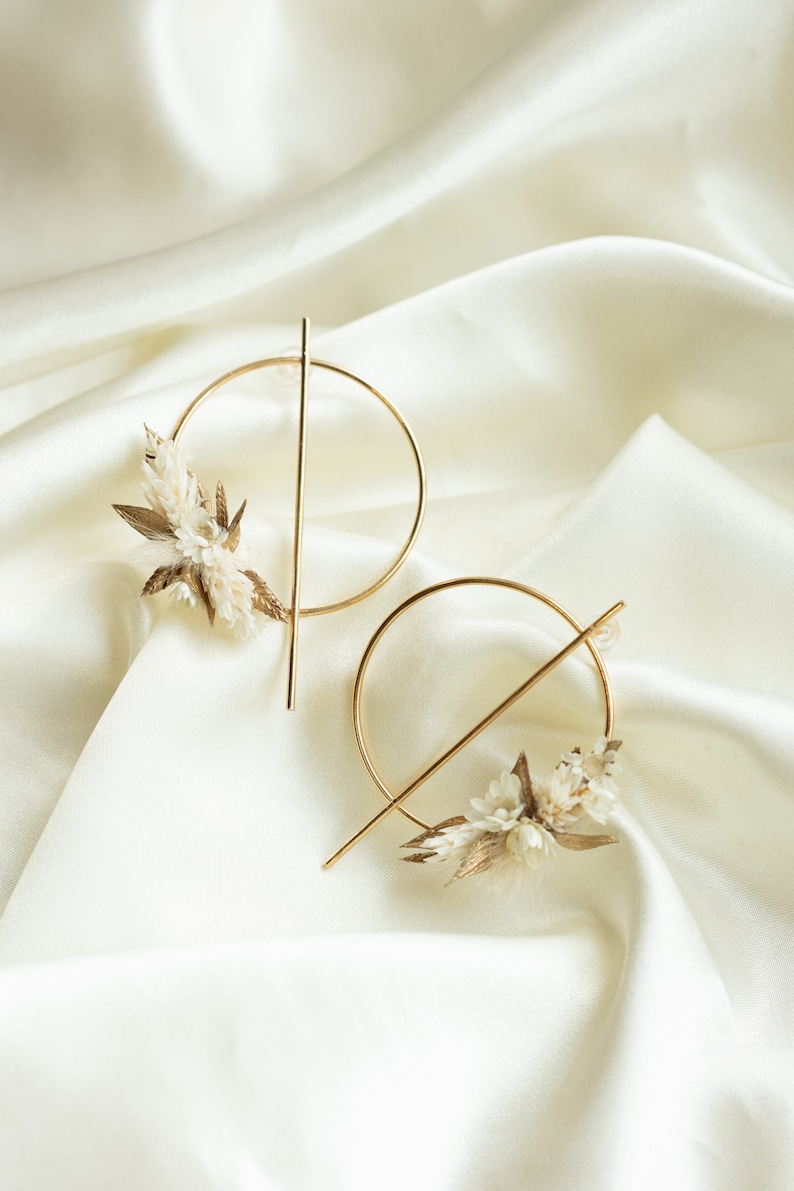Boucles d'oreilles Athéna mode or et blanc en fleurs sèchées et stabilisées pour mariée image 6