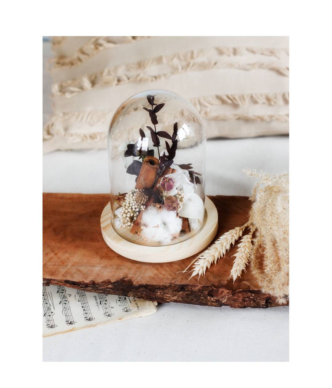 Cloche en Fleurs Sechées et Stabilisés Canelle Blanc Marron Bohème Idée