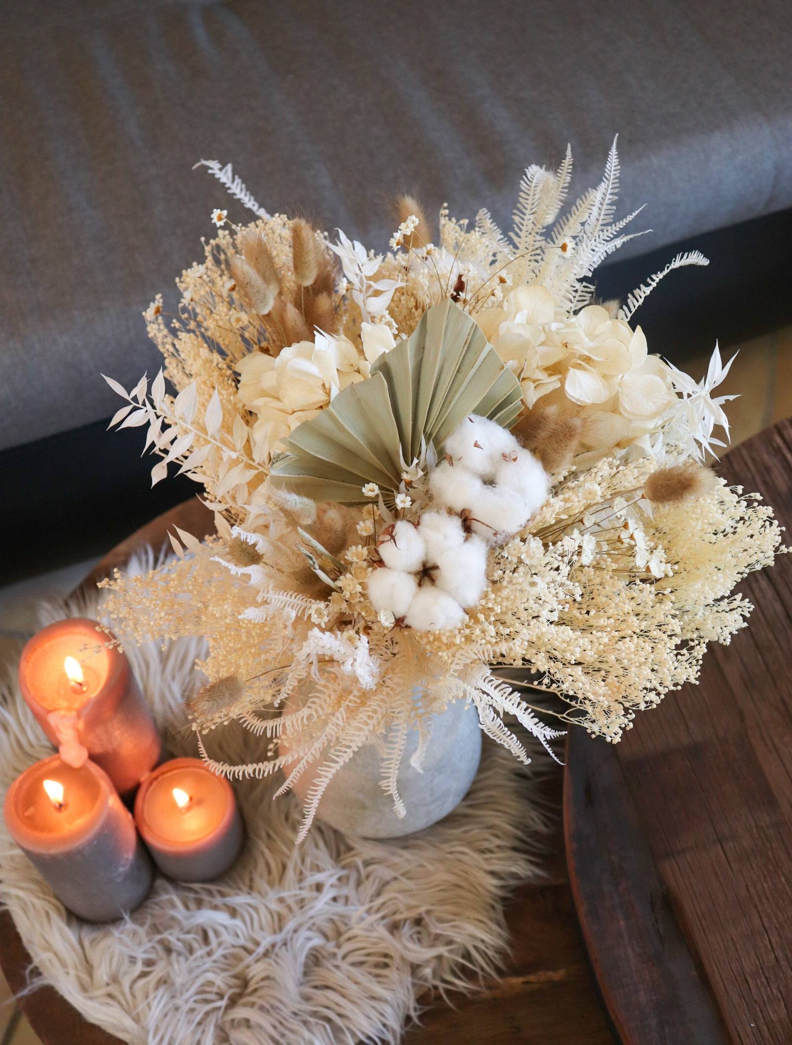 Bouquet de Fleurs Séchées et Stabilisée Bouquet Décoration Intérieur Bohème Beige Blanc