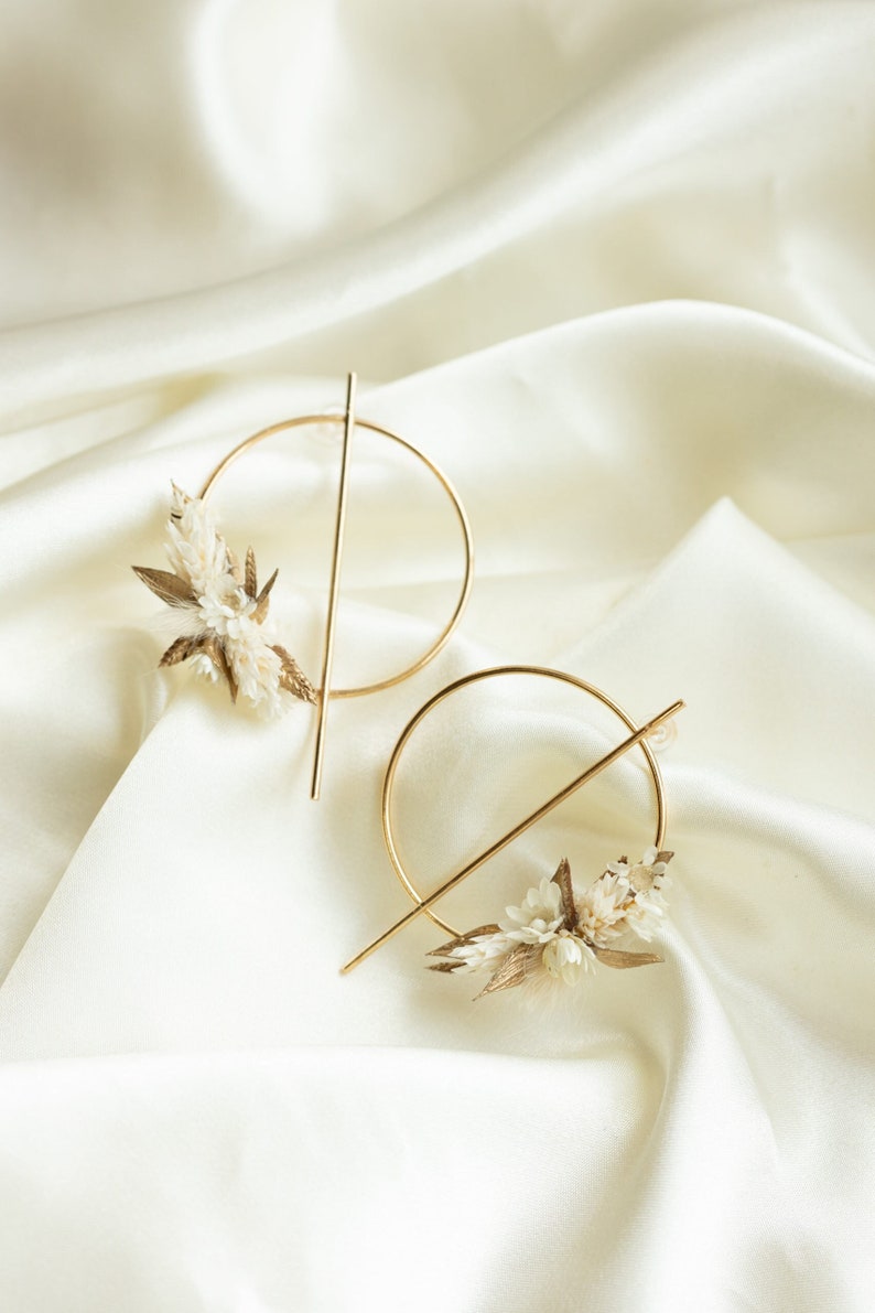 Boucles d'oreilles Athéna mode or et blanc en fleurs sèchées et stabilisées pour mariée image 1