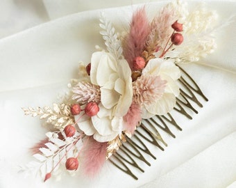 Classic Prospérine hair comb boho wedding white and pink flowers