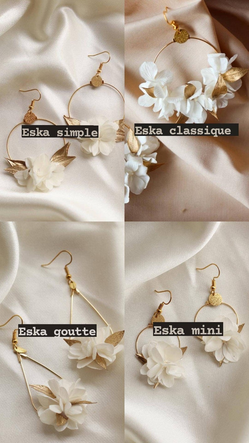 Boucles d'oreilles Eska blanche et dorée en fleurs naturelles stabilisées et sèchées pour mariée image 10