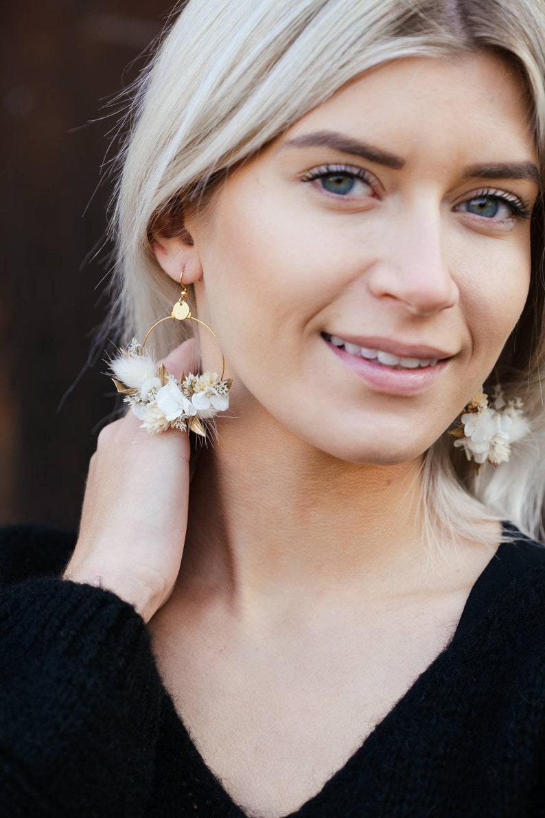 White and golden Athena earrings in natural stabilized and dried flowers wedding jewelry image 10