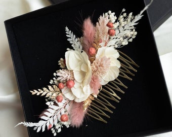 Peigne classique Prospérine cheveux mariage bohème fleurs blanche et rose