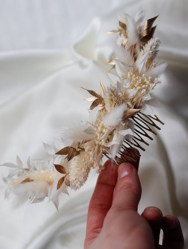 Peigne demi-couronne Athéna coiffure de mariée bohème blanc et or image 2