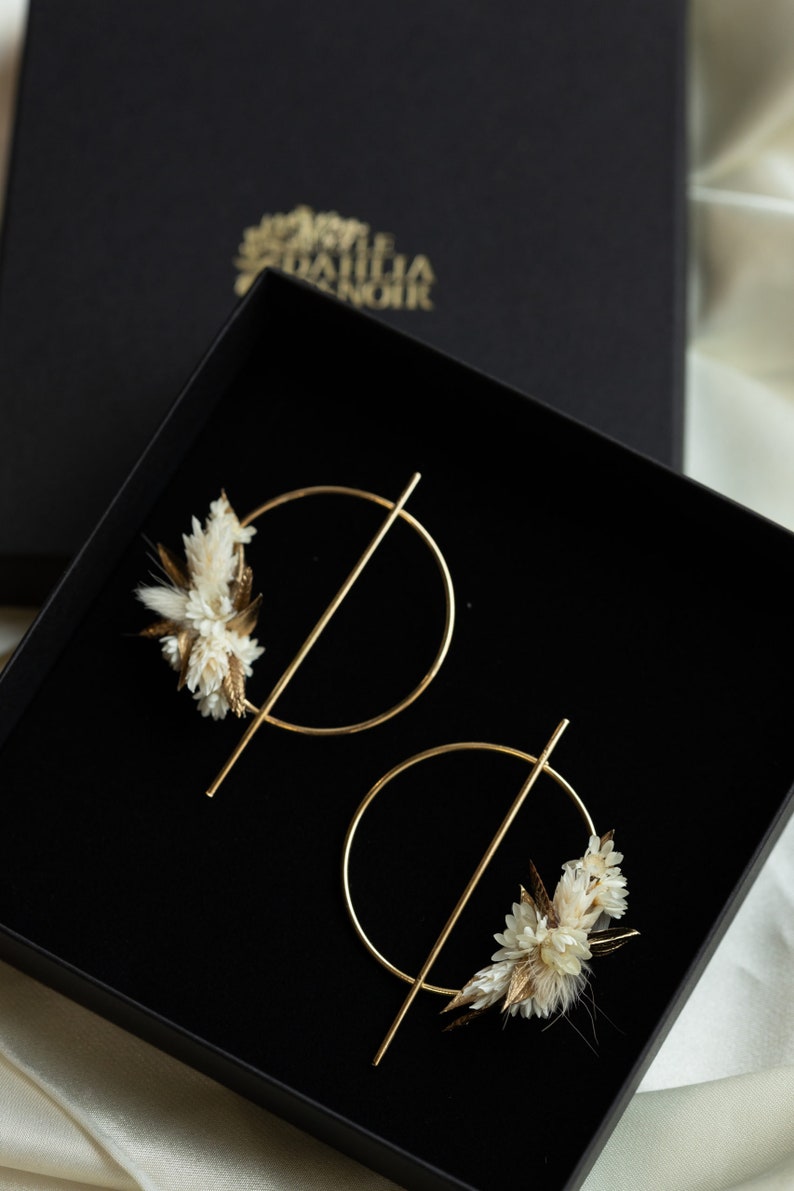 Boucles d'oreilles Athéna mode or et blanc en fleurs sèchées et stabilisées pour mariée image 3