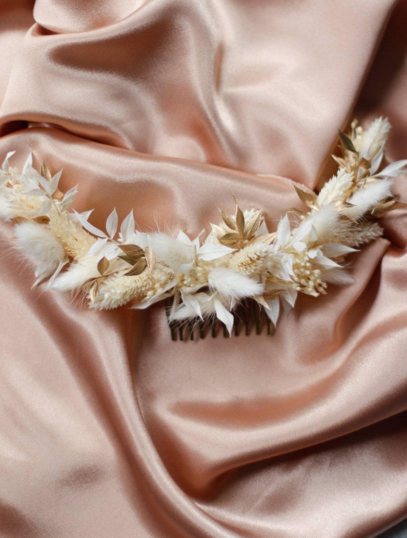 Peigne demi-couronne Athéna coiffure de mariée bohème blanc et or image 5