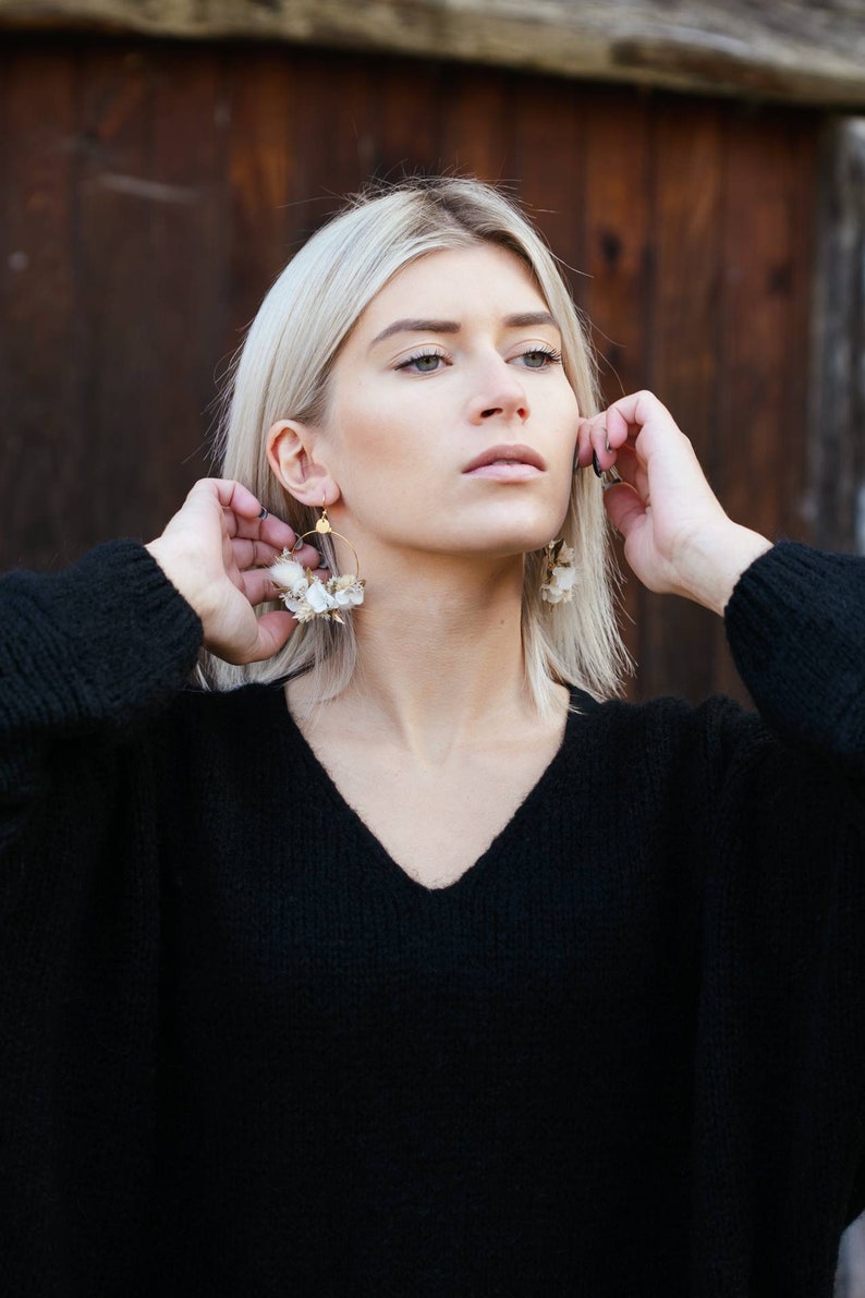 Boucles d'oreilles Athéna blanche et dorée en fleurs naturelle stabilisées et sèchées bijoux mariage image 9