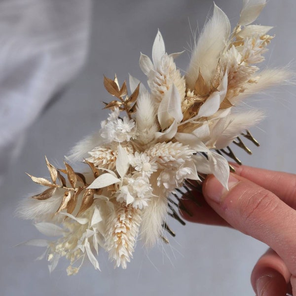 Classic comb Athena boho white and gold flowers stabilized chic elegant wedding