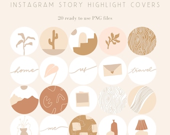 Peut inclure: Ensemble de 20 couvertures de surbrillance d'histoires Instagram avec des illustrations dans un style minimaliste avec des couleurs neutres comme le beige, le brun et le blanc. Les illustrations comprennent un cactus, une chaîne de montagnes, un vase avec des fleurs, une lampe, une plante en pot, un flamant rose, une maison, une lettre, une texture en bois, et plus encore.