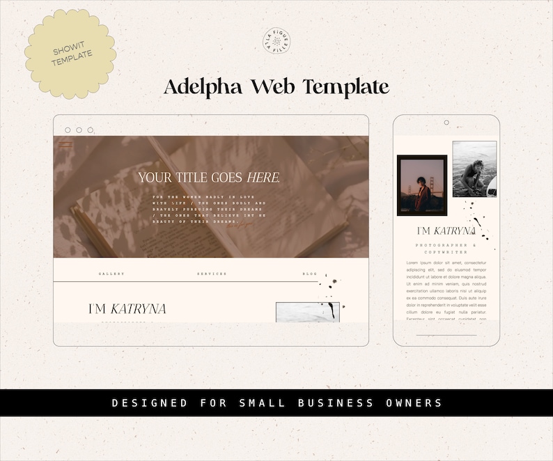 Peut inclure: Mod&egrave;le de site Web con&ccedil;u pour les petites entreprises. Le mod&egrave;le pr&eacute;sente un fond brun clair avec un design blanc et noir. Le texte "Your Title Goes Here" est affich&eacute; en grande police en haut de la page. Le texte "I'm Katryna" est affich&eacute; en police plus petite sous le titre. Le mod&egrave;le comprend &eacute;galement des sections galerie, services et blog.