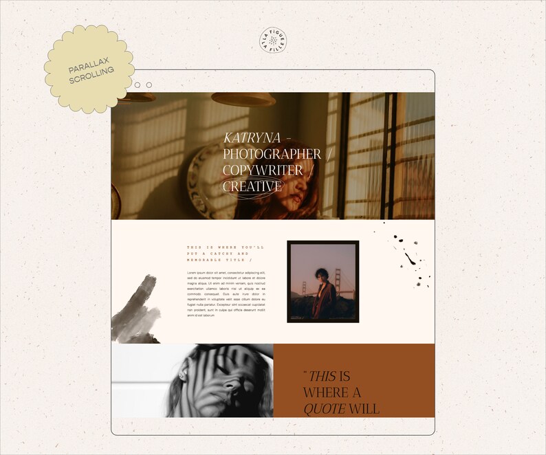 Peut inclure: Capture d'&eacute;cran d'un site Web pr&eacute;sentant le visage d'une femme avec un motif ray&eacute; noir et blanc superpos&eacute;. Le texte "This is where a quote will" est affich&eacute; dans un rectangle brun en bas de l'image.