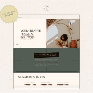 Peut inclure: Une maquette de conception de site Web avec le texte "Your Creative Business Solution" et "Signature Services" sur un fond beige avec un sch&eacute;ma de couleurs vert et noir. L'image pr&eacute;sente une femme assise dans une pi&egrave;ce avec une lumi&egrave;re naturelle et un vase avec des fleurs s&eacute;ch&eacute;es.