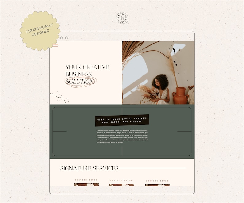 Peut inclure: Une maquette de conception de site Web avec le texte "Your Creative Business Solution" et "Signature Services" sur un fond beige avec un sch&eacute;ma de couleurs vert et noir. L'image pr&eacute;sente une femme assise dans une pi&egrave;ce avec une lumi&egrave;re naturelle et un vase avec des fleurs s&eacute;ch&eacute;es.