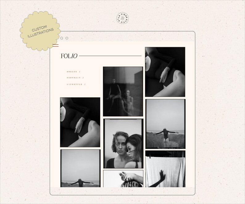 Peut inclure: Un site web avec le mot "FOLIO" en haut et une grille de photos en noir et blanc. Les photos pr&eacute;sentent des personnes dans diff&eacute;rentes poses, notamment une femme en combinaison noire, une femme les bras tendus et deux femmes qui s'embrassent.