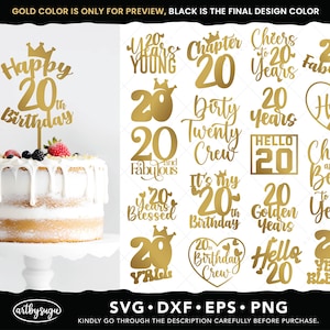 Pacote svg de topo de bolo de aniversário de 20 anos, felicidades pelos 20 anos png, 20 e fabuloso dxf, olá 20 svg, 20 anos abençoados eps, download digital